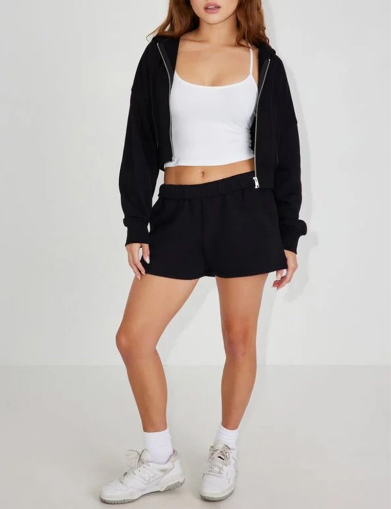 Hooever Womens Cute Workout Cropped Zip Up Drawstring Hoodie Sweatshirt Jacket Black - Image 4